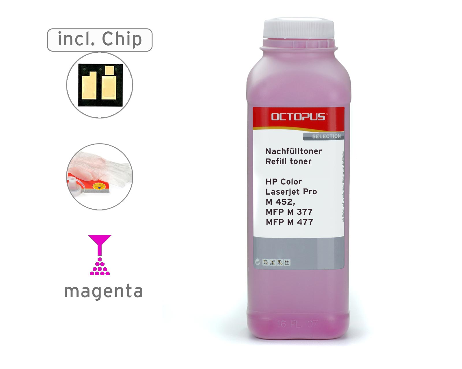 Refill toner set with chip for HP Color Laserjet Pro M 452, MFP M 377 and MFP M 477, magenta