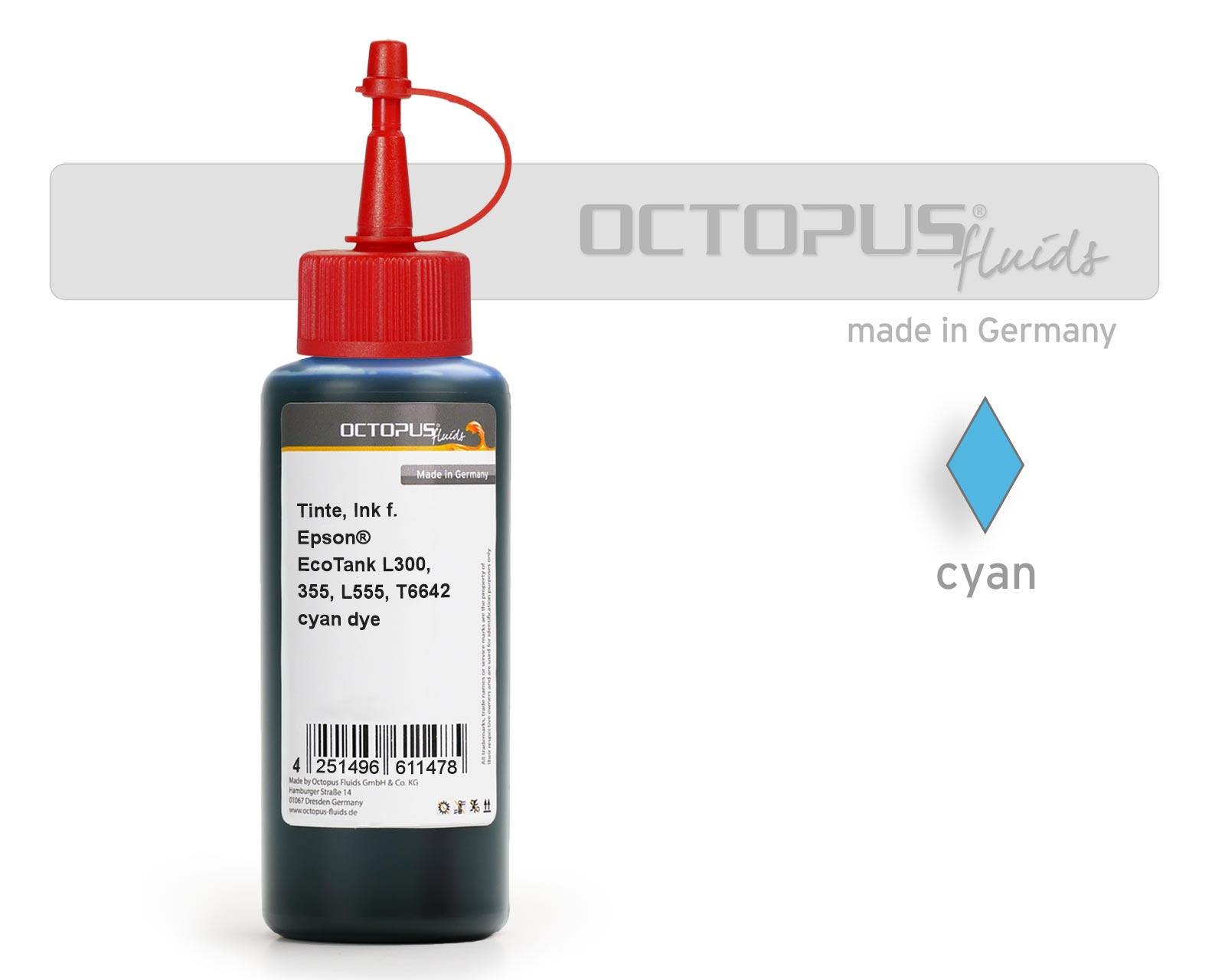 Ink for Epson EcoTank L300, L355, L555 printers, T6642 cyan