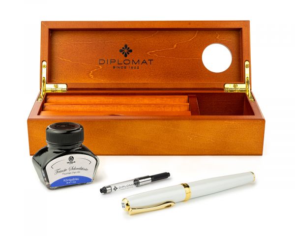 Füllhalter-Set Diplomat Excellence A2 Perlmutt Gold mit Schreibtinte und Stiftetui aus Holz, Stärke