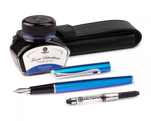 Set di penne stilografiche Diplomat Traveller Funky Blue con astuccio in pelle, inchiostro da scrittura e convertitore d'inchiostro, misura M
