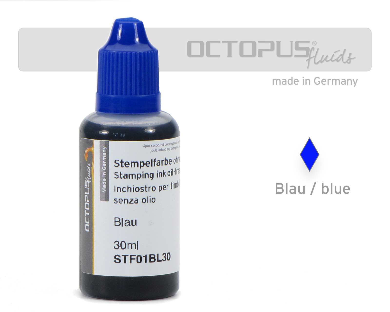 Stamping ink for ink pads and self-inking stamps, oil-free, blue