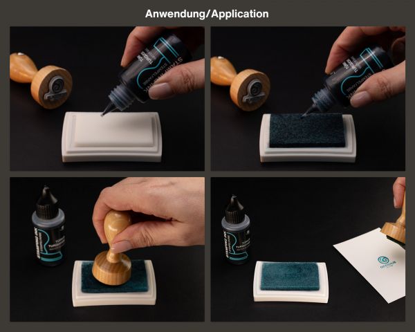 Stamping ink for stamp pads and self-inkers without oil, turquoise