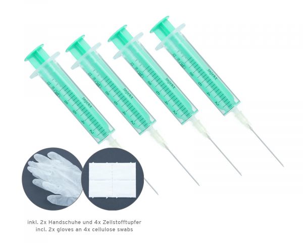 4x Refillspritzen 10ml mit 40mm Kanülen, 2x PE-Handschuhe und 4x Zellstofftupfer