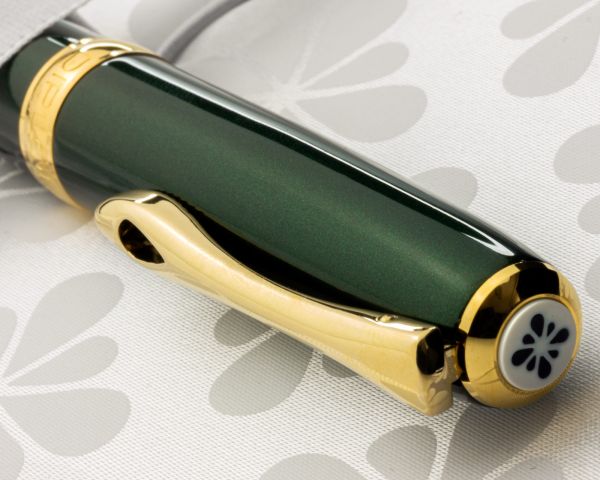 Penna stilografica Diplomat Excellence A2 Evergreen Gold, con inchiostro per stilografica in blu reale e astuccio in vera pelle, M-nib in acciaio inox