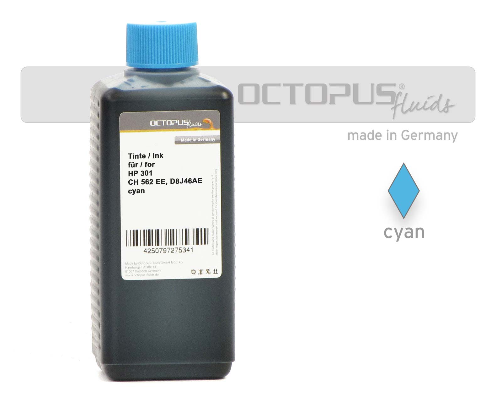 Refill ink for HP 301, CH 562 EE, D8J46AE cartridges cyan