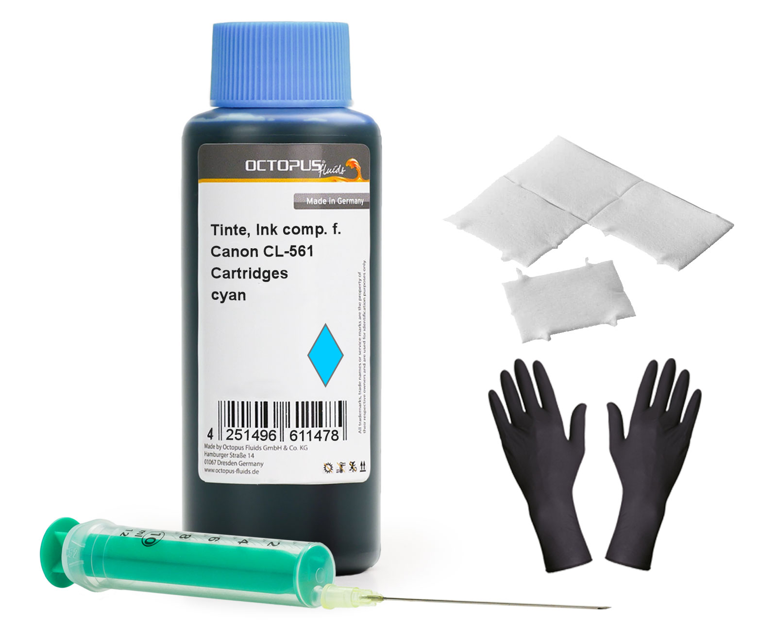 
Refill ink for Canon CL-561 ink cartridges, Canon Pixma TS 5300, 7400 cyan with syringe