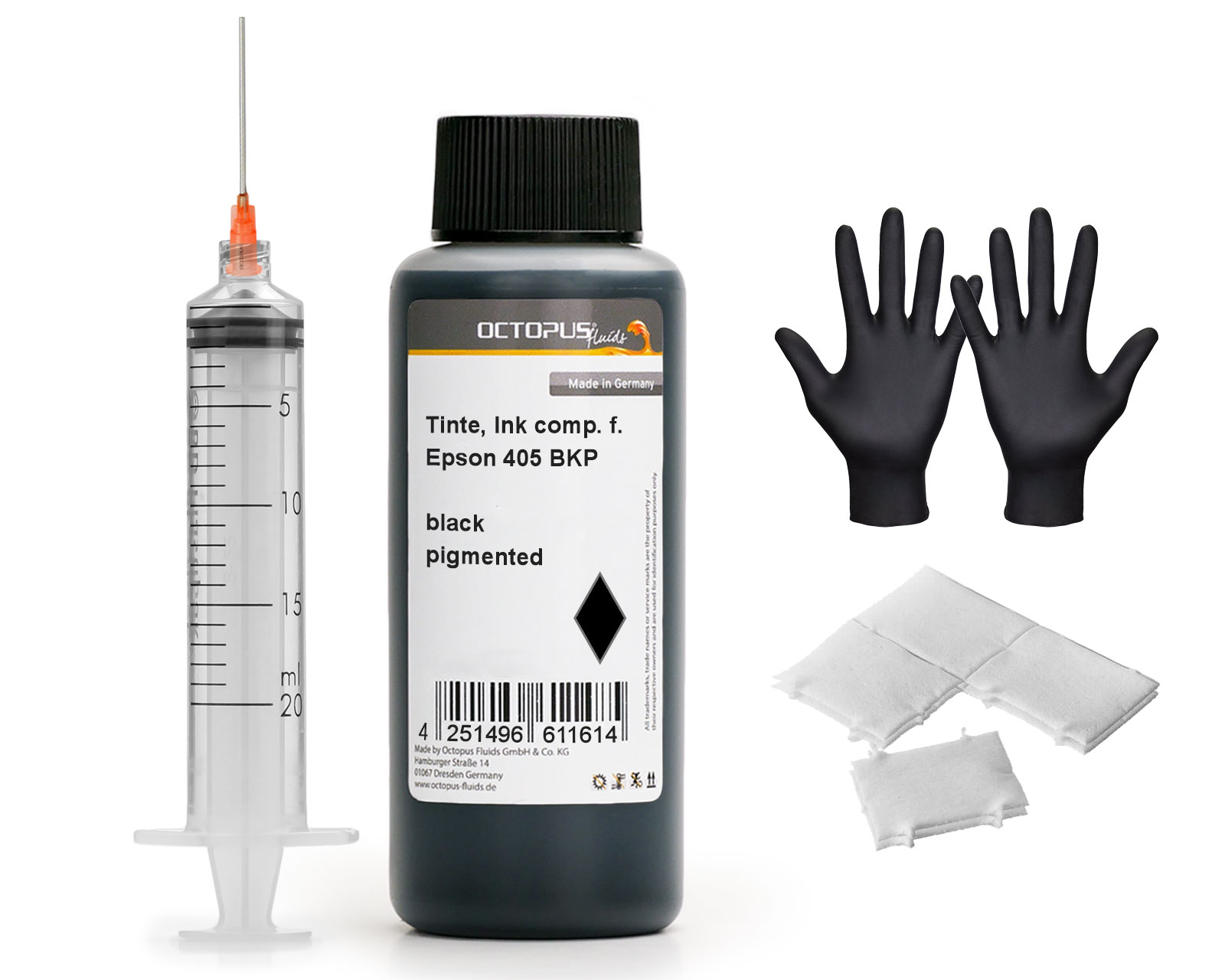 Nachfülltinte für Epson 405 Tintenpatronen, schwarz pigmentiert mit Spritze