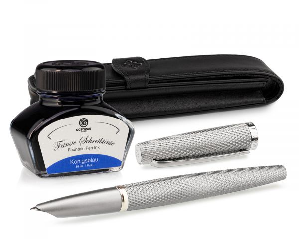 Fountain Pen Diplomat Viper silver with Leather Case and Writing Ink, Nib Size F/M