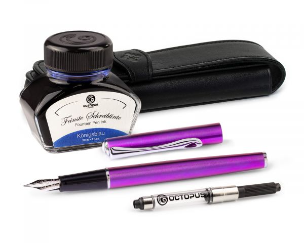 Set di penne stilografiche Diplomat Traveller Funky Fuchsia con astuccio in pelle, inchiostro da scrittura e convertitore d'inchiostro, misura M