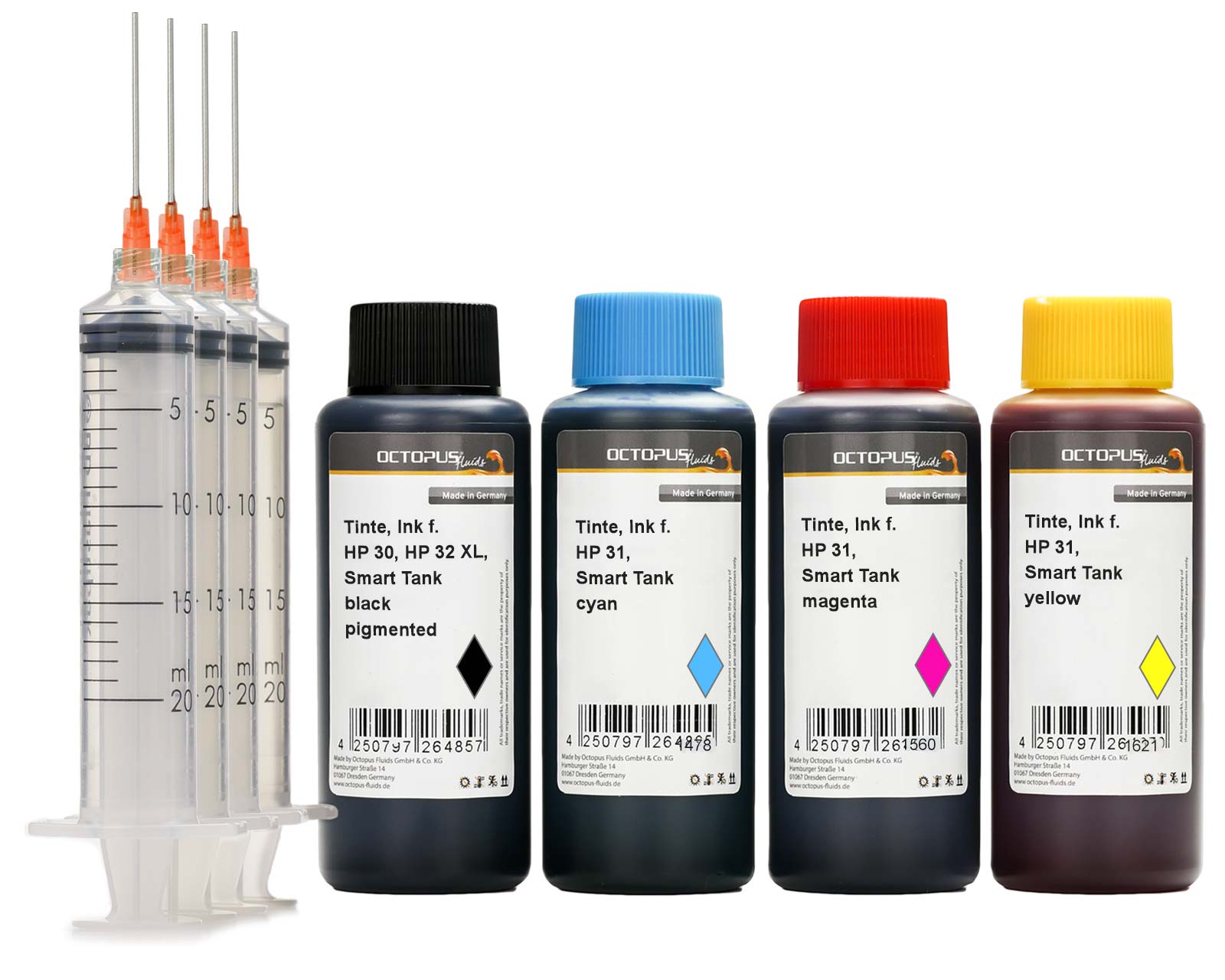 Refill Ink set for HP 30, 31, 32 Smart Tank 315, 450, 455, 457, 550, 555, 559, 570, 655, CMYK
