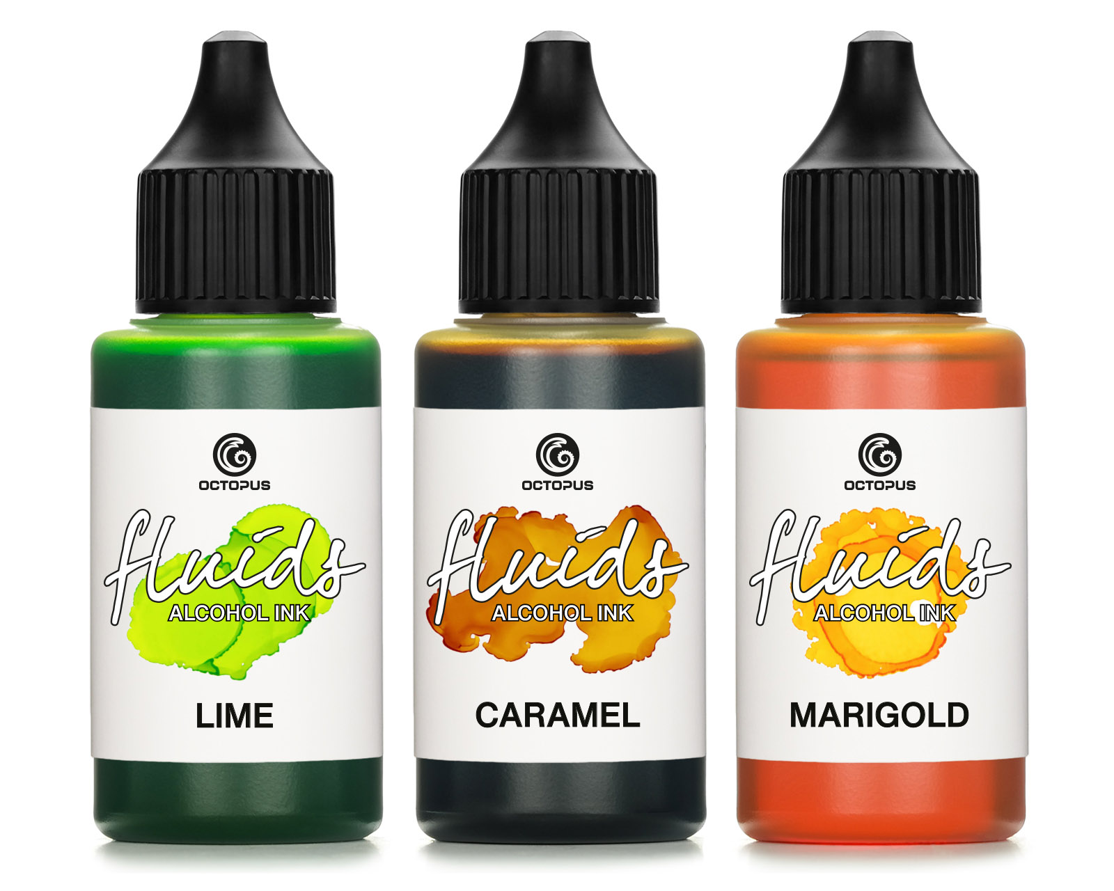 3x 30ml Fluids™ Alcohol Ink Set LIME, CARAMEL, MARIGOLD for fluid art and resin, epoxy