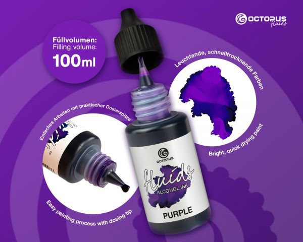 100 ml Octopus Fluids Alcohol Ink PURPLE, Inchiostro ad alcohol per Fluid Art e Resin Art, viola