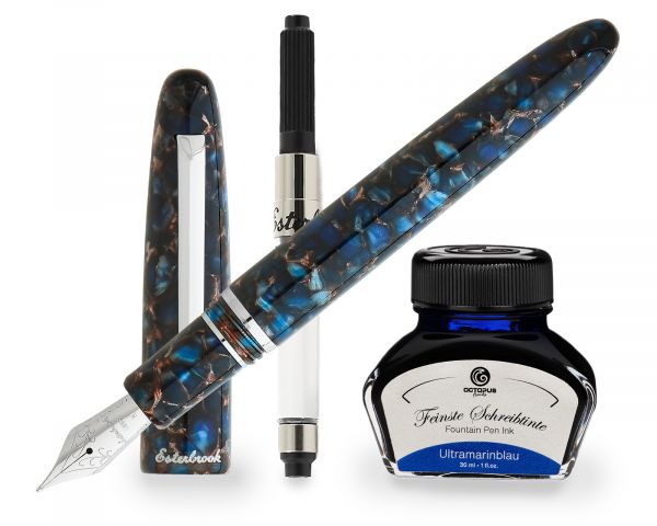 Penna stilografica Esterbrook Estie Nouveau Blue con finiture in palladio, penna a cartuccia con 30 ml di inchiostro