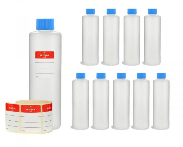 10 x 250 ml round HDPE plastic bottles with blue screw caps
