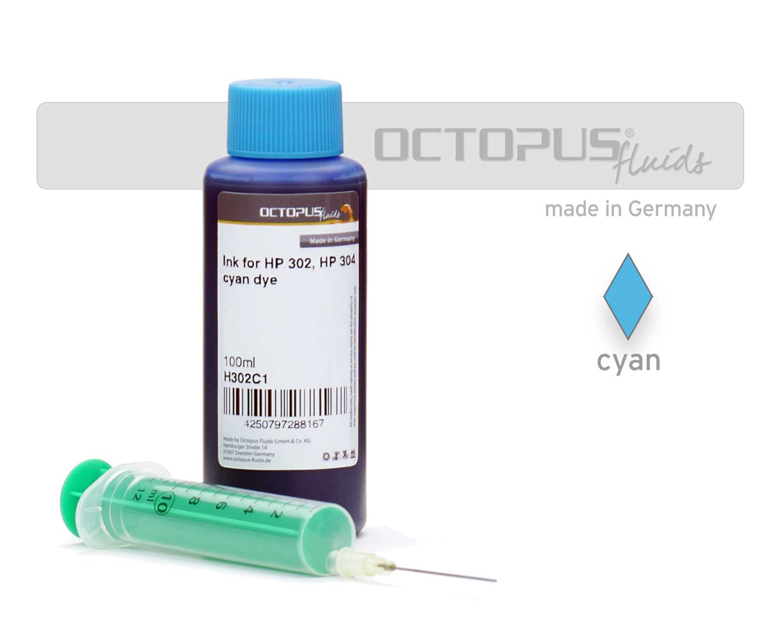100ml Druckertinte für HP 302, HP 304 Druckerpatronen cyan mit Refillspritze 100ml Druckertinte für HP 302, HP 304 Druckerpatronen cyan mit Refillspritze