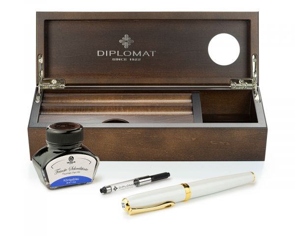 Füllhalter-Set Diplomat Excellence A2 Perlmutt Gold mit Schreibtinte und Stiftetui aus Wenge-Holz