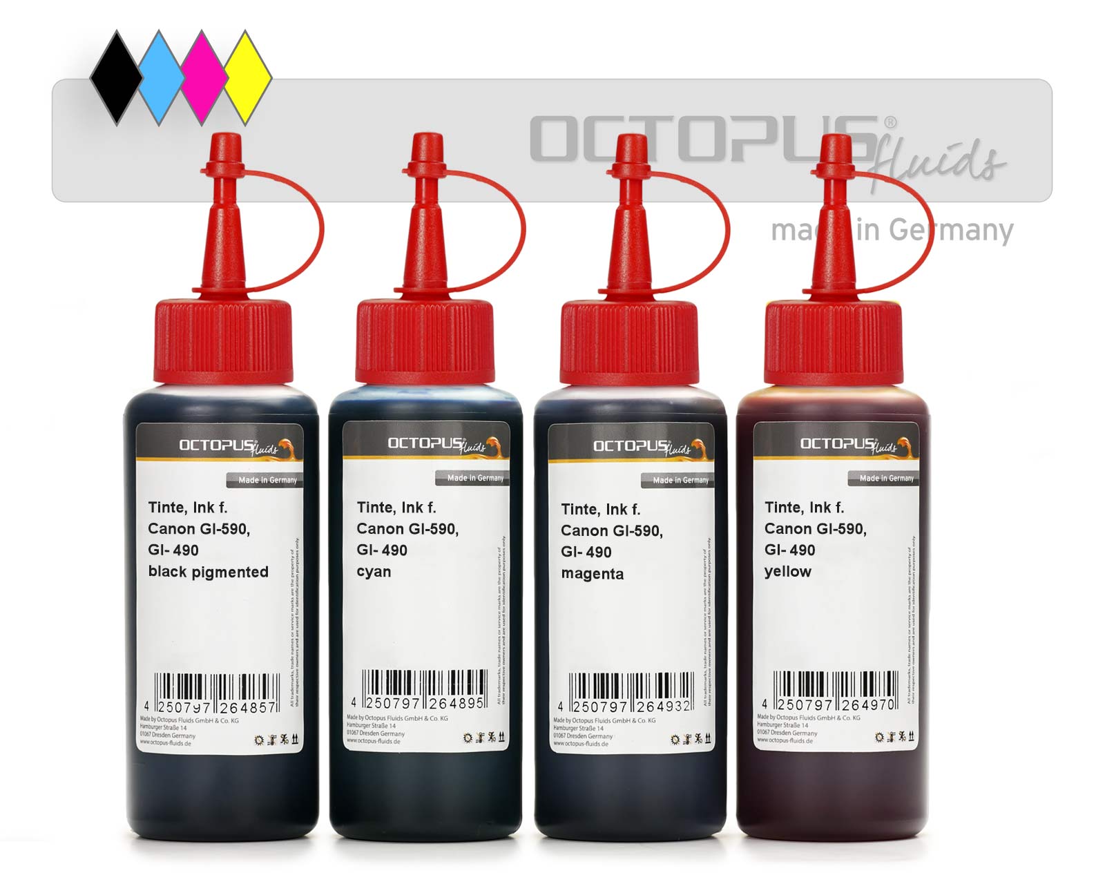 Refill ink kit for Canon GI-590, GI-490 CMYK, Canon Pixma G1500, G2500, G3500, G4500