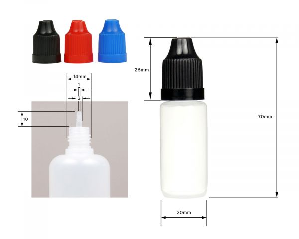 10 x 10 ml LDPE Tropfflaschen mit weißen Deckeln + Trichter