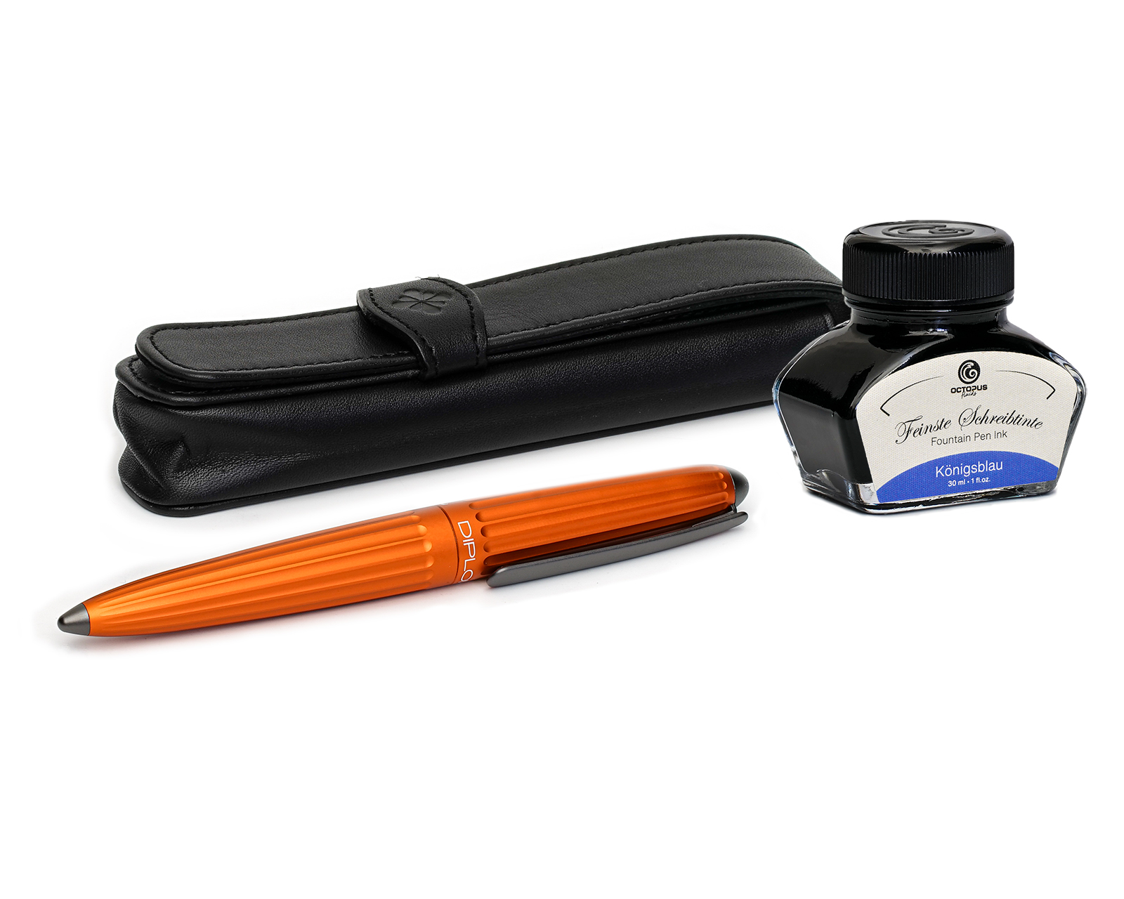 Fountain pen set Diplomat Aero orange, stainless steel nib M, with fountain pen ink in royal blue and pen case made of genuine leather