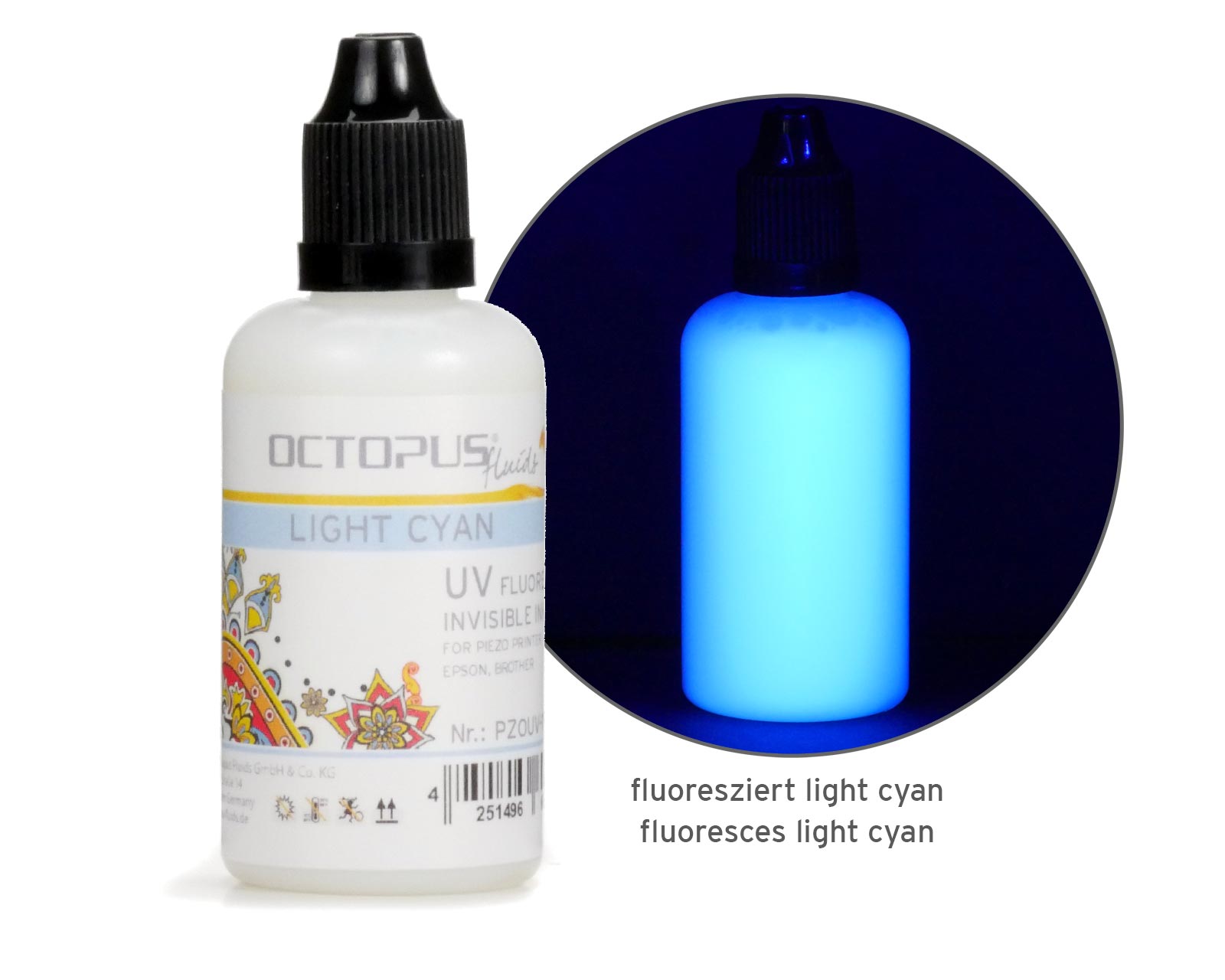 Inchiostro fluorescente UV invisibile per stampanti Piezo Epson e Brother, light ciano