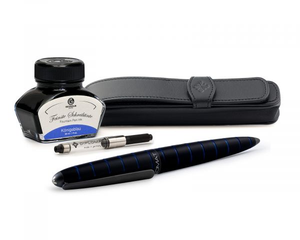 Set stilografica Diplomat Elox Ring nero-blu con inchiostro per stilografica in blu reale e astuccio in vera pelle