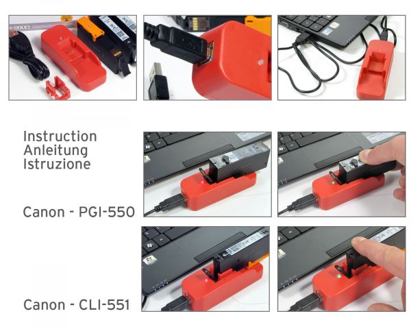 Set with chip resetter for Canon PGI-550, CLI-551 inkjet cartridges and 6x refill ink with gray