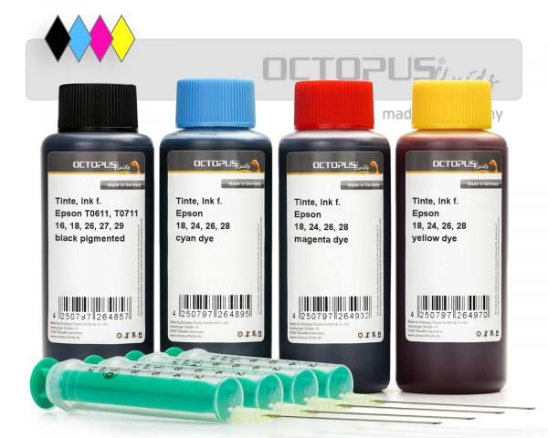 Refill ink kit for Epson 18, 24, 26, 29 cartridges, CMYK