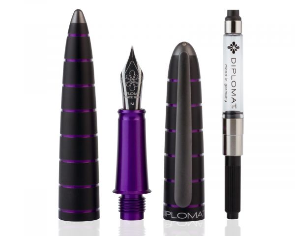 Set di penne stilografiche Diplomat Elox Ring nero-viola con inchiostro da scrittura e astuccio in legno di wengé
