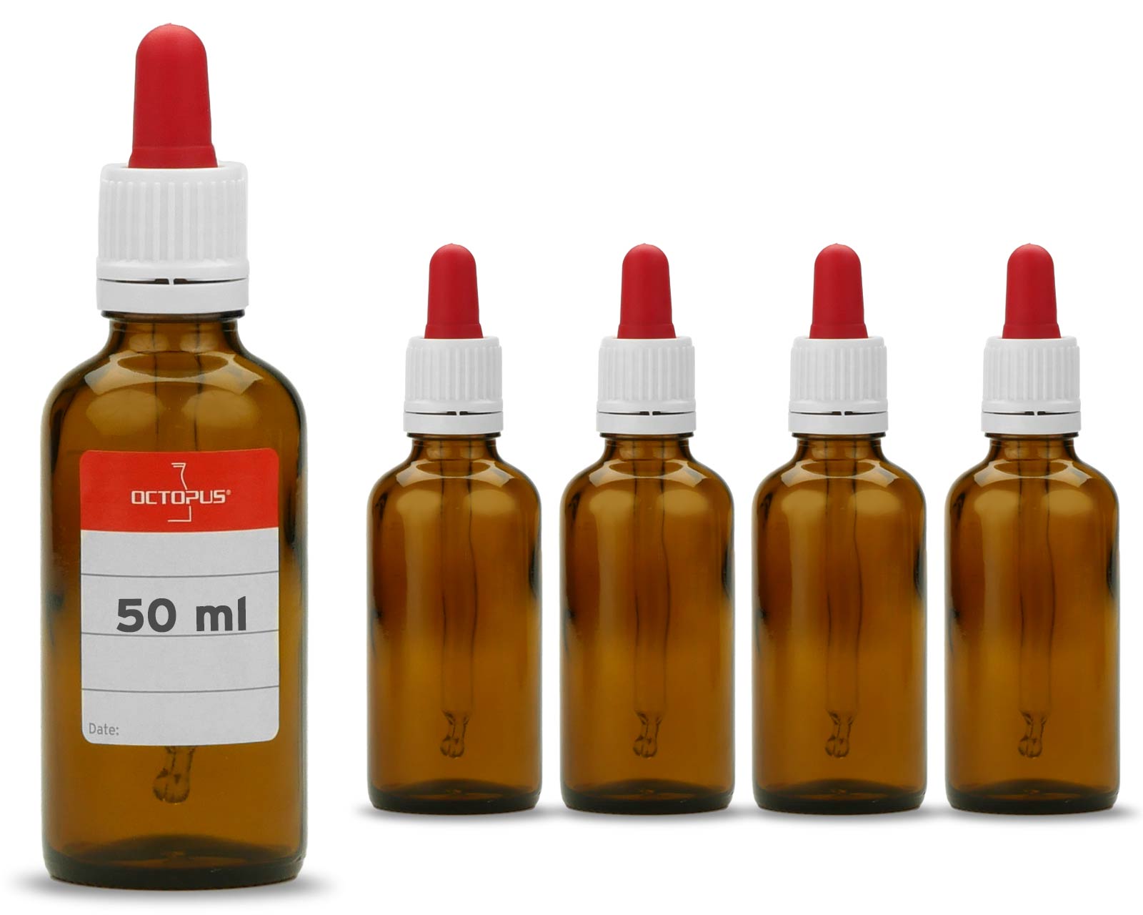 5 x 50 ml Brown glas bottles with glass pipette