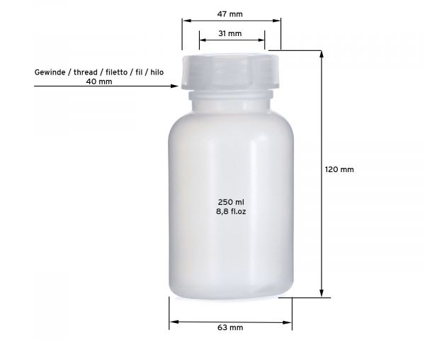 10x 250 ml Wide neck bottle with screw cap, chemical bottle, laboratory bottle LDPE, natural colour