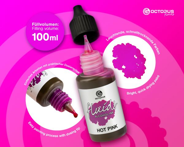 100 ml Octopus Fluids Alcohol Ink HOT PINK, Alkoholtinte für Fluid Art und Resin, pink