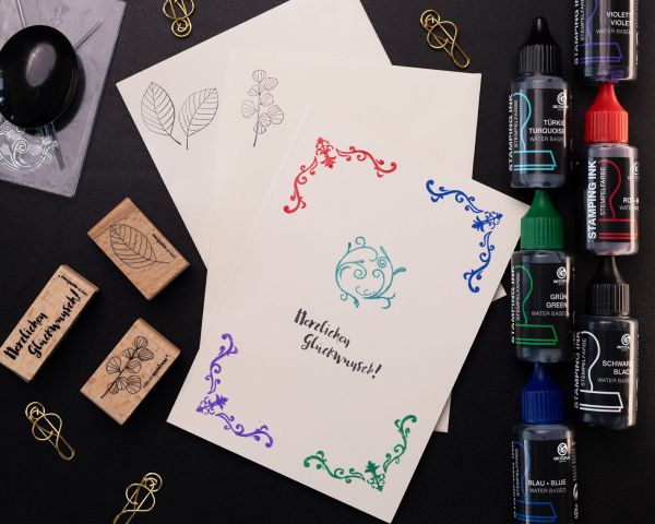 Stamping ink for stamp pads and self-inkers without oil, turquoise