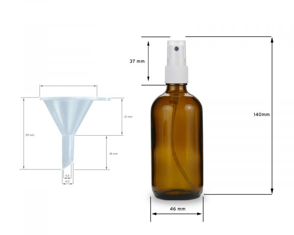 10 x 100 ml brown glass bottles with finger atomizer + funnel