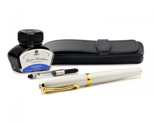 Penna stilografica Diplomat Excellence A2 Pearlescent Gold, con inchiostro per stilografica in blu reale e astuccio in vera pelle, M-nib in acciaio inox