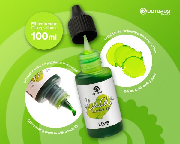 100 ml Octopus Fluids Alcohol Ink LIME, Alkoholtinte für Fluid Art und Resin, grün