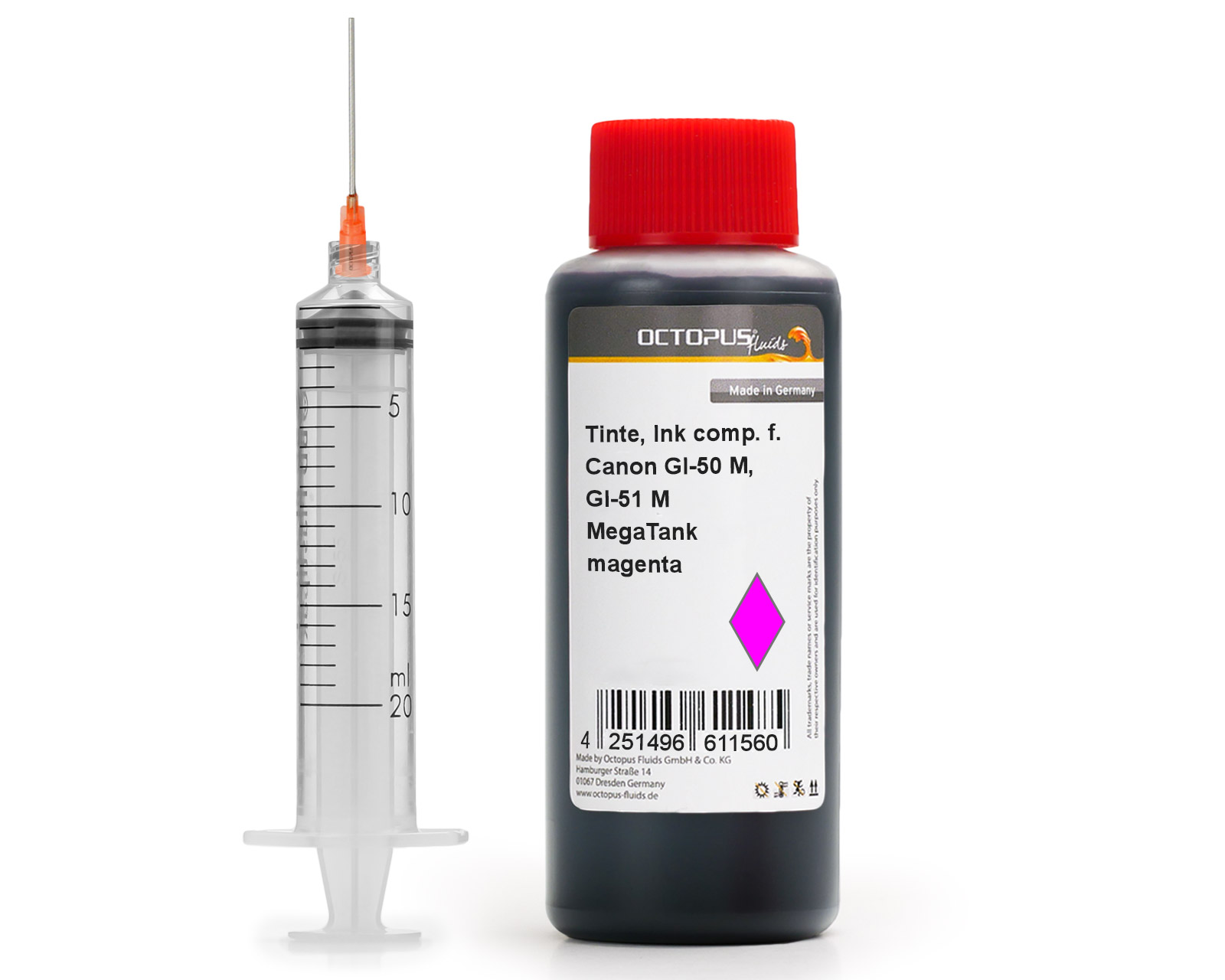 Octopus Inchiostro Compatibile Per Canon GI-50 GI-51 | 100 Ml Nero Pigmentato Con Siringa | Per Pixma G2520 G2560 G1520 G3560 G3520 G6050 G7040 G5050 G7050 MegaTank | Made In Germany