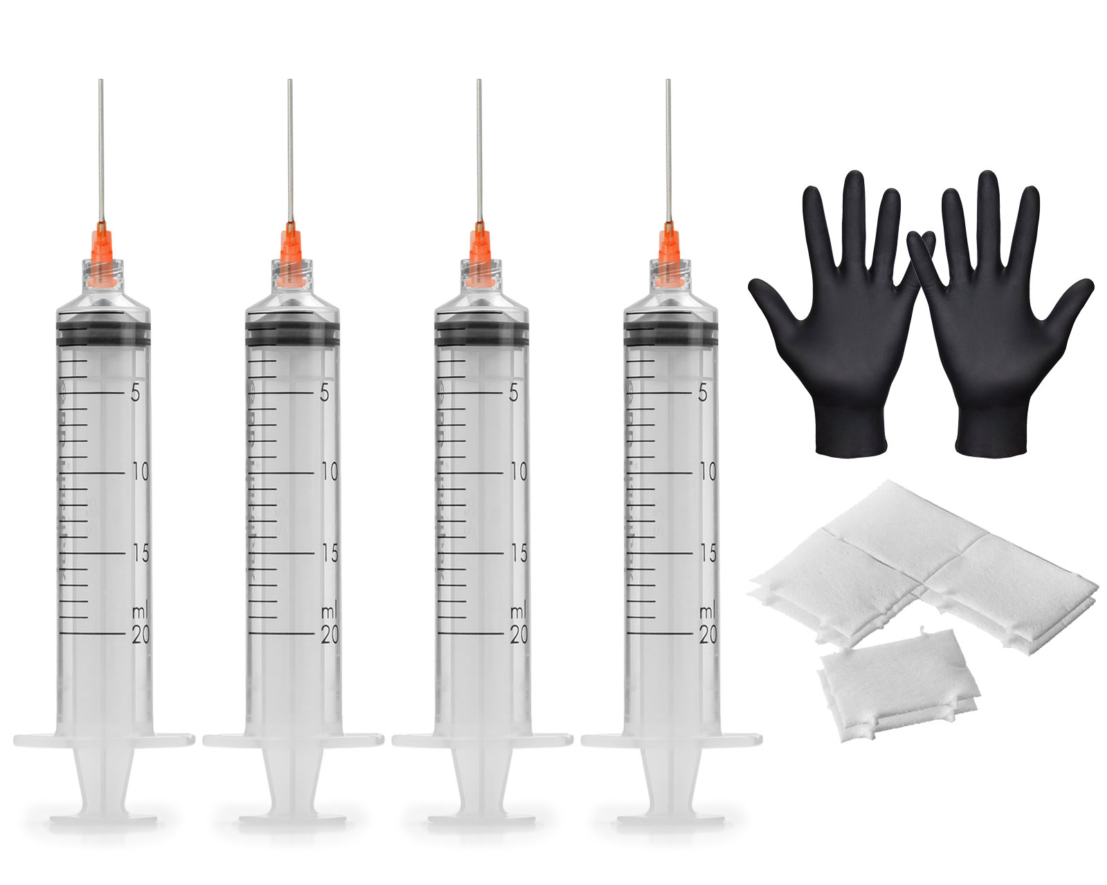 4 Refill syringes 20 ml with blunt needles, 2x vinyl gloves and 8x cellulose swabs 4 Refill syringes 20 ml with blunt needles, 2x vinyl gloves and 8x cellulose swabs
