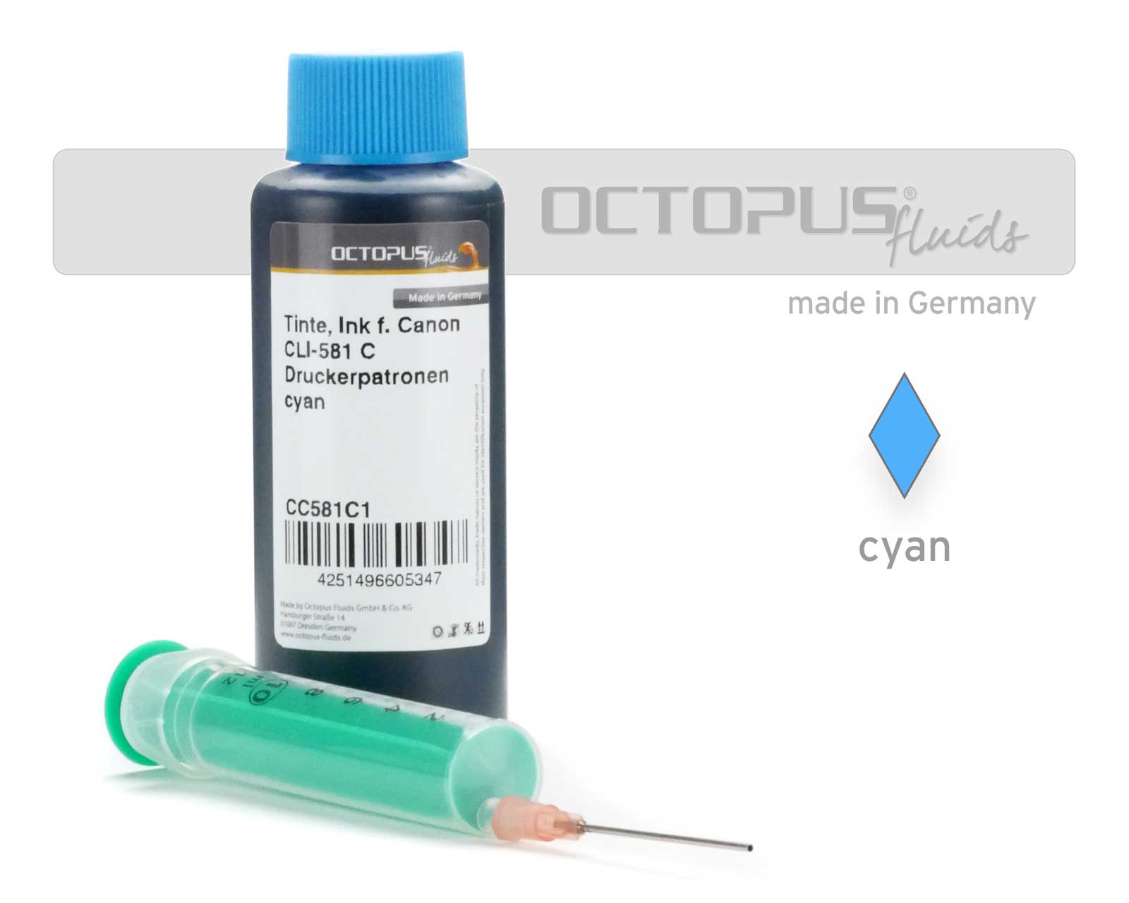 100ml Druckertinte für Canon CLI-581 C Druckerpatronen cyan mit Refillspritze