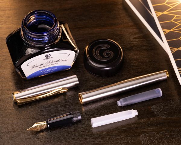 Penna stilografica Diplomat Traveller Acciaio inossidabile placcato oro con inchiostro da scrittura e convertitore, M-nib in acciaio inox