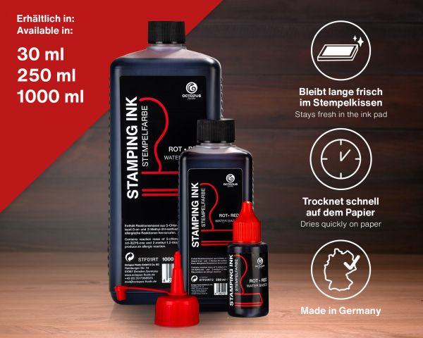Stamping ink for ink pads and self-inking stamps, oil-free, red