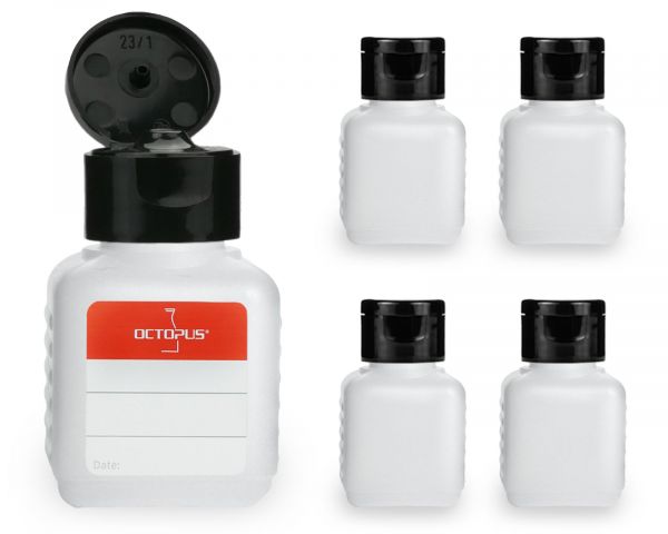 5 x 50 ml HDPE plastic bottles with black turn-up lid caps