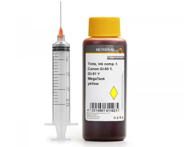 Nachfülltinte für Canon GI-50 Y, GI-51 Y Pixma MegaTank yellow mit Spritze