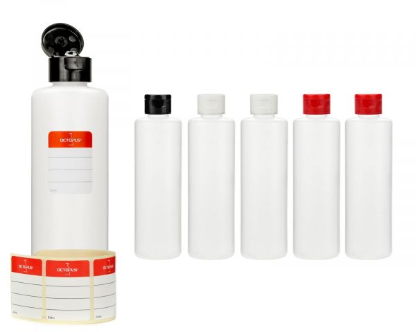 6 x 250 ml HDPE plastic bottles with colorful (2x black, white, red each) turn-up lid caps