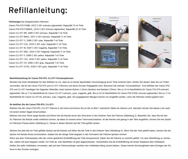 Refill ink kit for Canon PGI-570, 270, CLI-571, 271 inkjet cartridges with gray