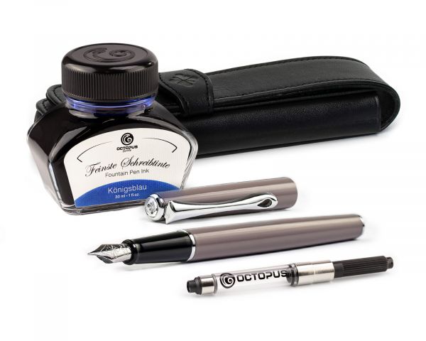 Füllhalterset Diplomat Traveller Taupe Grey mit Lederetui, Schreibtinte und Tintenkonverter, Stärke