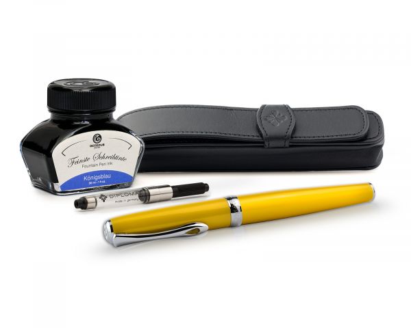 Penna stilografica Diplomat Excellence A2 Yellow, con inchiostro per stilografica in blu reale e astuccio in vera pelle, M-nib in acciaio inox