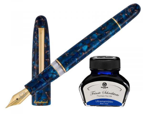 Penna stilografica Esterbrook Estie Nouveau con finiture blu e oro, penna stilografica a serbatoio con 30 ml di inchiostro