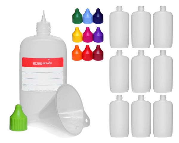 10 Ovalflaschen aus HDPE, natur, Gewinde RD18, mit Deckel und Trichter, 14g, Volumen 100 ml