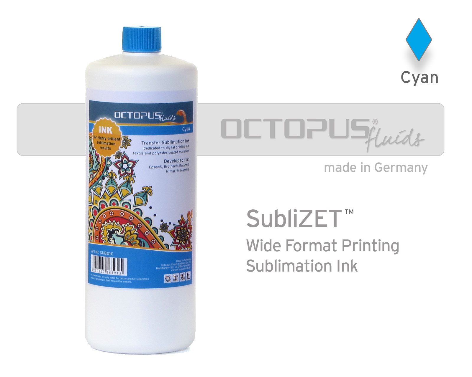Sublimation ink for Epson, Brother, Roland, Mimaki, Mutoh, cyan Sublimation ink for Epson, Brother, Roland, Mimaki, Mutoh, cyan