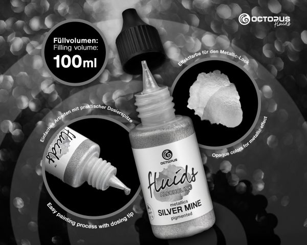 100 ml Octopus Fluids Alcohol ink SILVER MINE for fluid art and resin, metallic silver